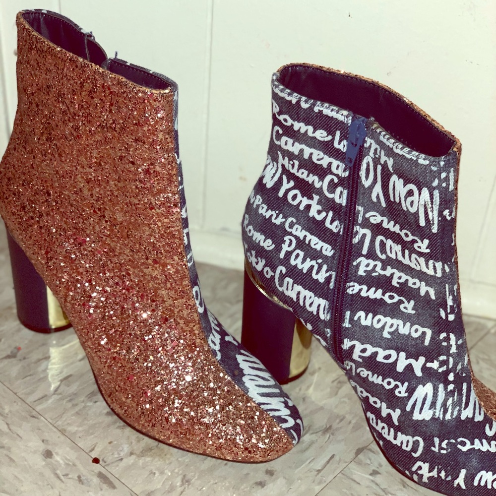 Unique two tone heels! Denim and rose gold